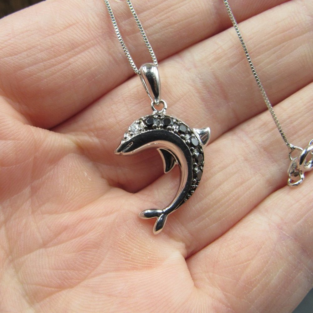18" Sterling Black Cubic Zirconia Dolphin Necklace - Picture 3 of 7